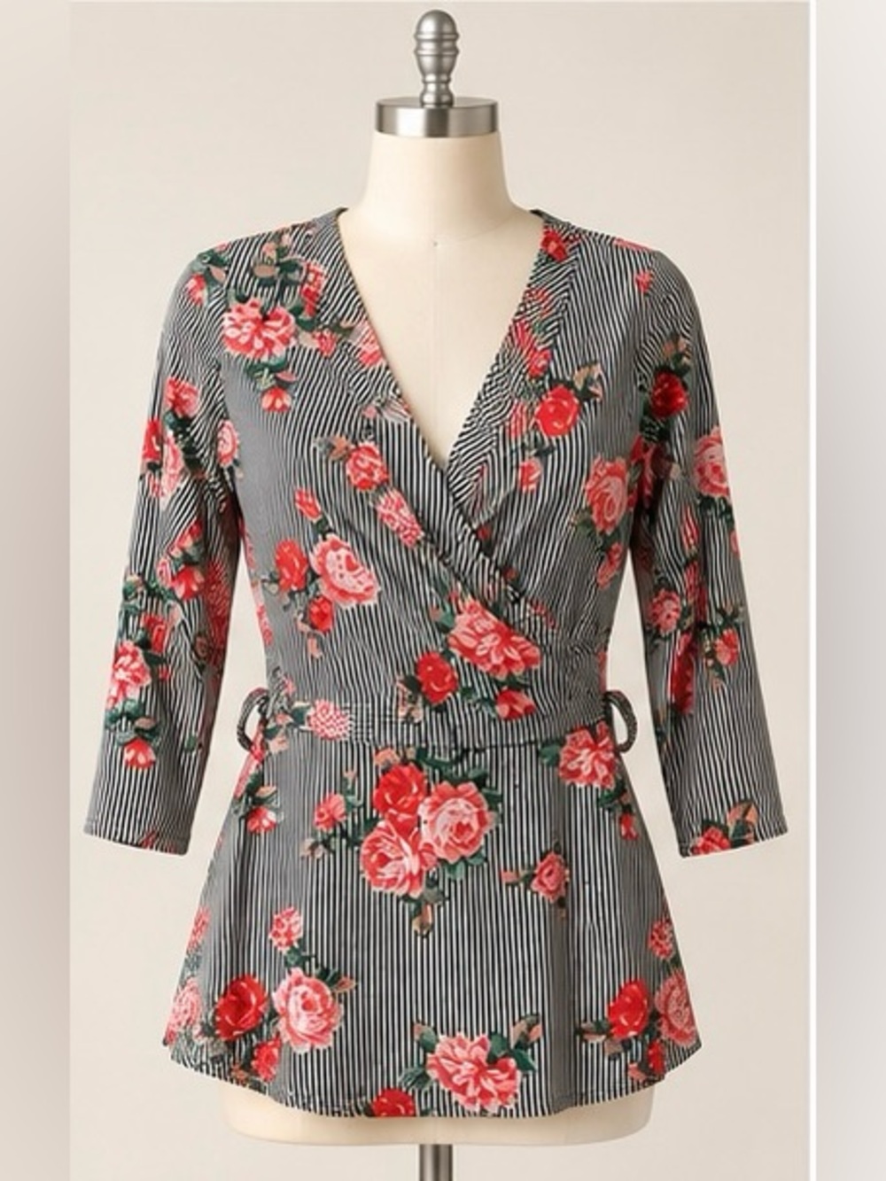 Striped Floral Wrap-Style Top with Red Roses